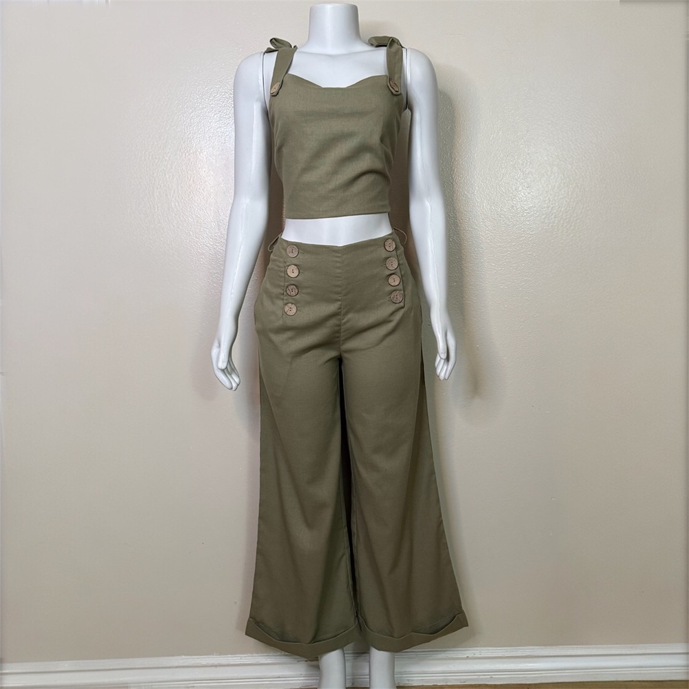 Olive high waist straight leg sailor pants and tank top set